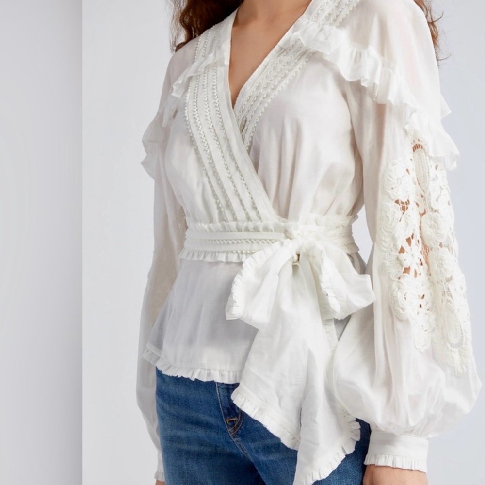 Farm Rio Cotton Wrap Tie Top V-Neck Lace Ruffle Long Sleeve Large Cottage Boho